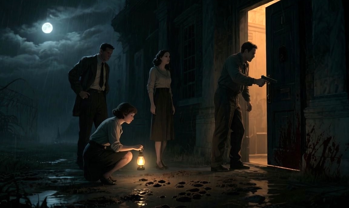 废弃旅馆门前的雨夜